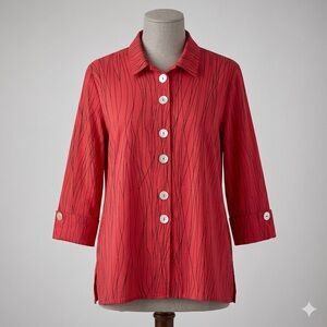 ALI MILES Striped Pink 3/4 Sleeve Button-Down Shirt, Size Medium.